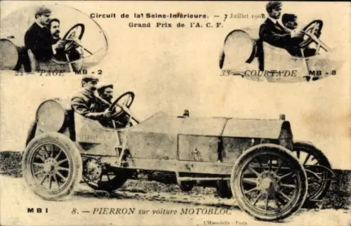 Ak Circuit de la Seine Inferieure 1907, Pierron sur voiture Motobloc, Auto
