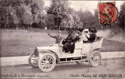 Ak Tombola de la Decennale, Double Phaeton von Dion Bouton, Automobil, Chauffeur