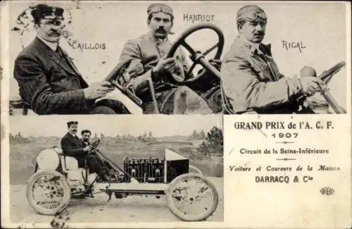 Ak Grand Prix de l'ACF 1907, Circuit de la Seine Inférieure, Rennfahrer, Caillois, Hanriot, Rigal