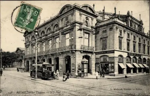 Ak Reims Marne, Theater in  Straßenbahn, Menschen, Poststempel,  Ansicht