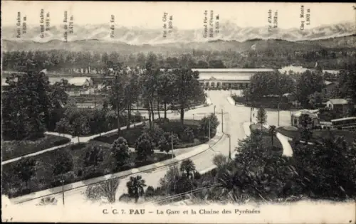 Ak Pau Pyrénées-Atlantiques, Ansicht von  Bahnhof, Pyrenäen, Berge, Beschriftungen