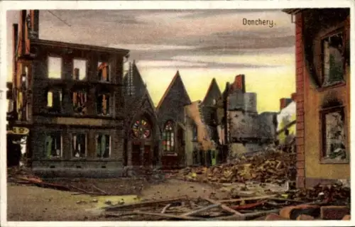 Ak Donchery Ardennes, Zerstörte Gebäude, Trümmer, Kirche mit bunten Fenstern, Donchery