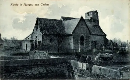 Ak Margny-aux-Cerises Oise, Kirche, deutsche Soldaten, Armeefuhrwerk