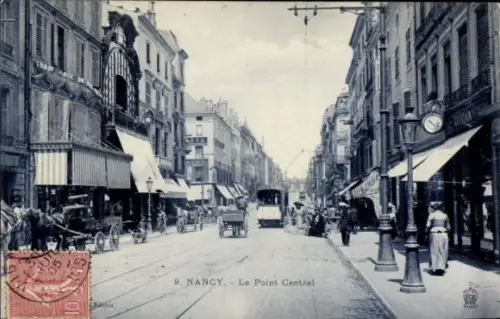 Ak Nancy Meurthe et Moselle, 9. NANCY, Le Point Central, Straßenansicht, Wagen, Geschäfte, Uhr