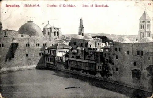 Ak Jerusalem Israel,  Pool of Hezekiah,  Gebäude, Wasseransicht