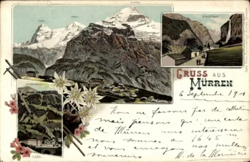 Ak Mürren Kanton Bern Schweiz, Berglandschaft, Staubbach, Mürenbahn, Edelweiss,  von 1901