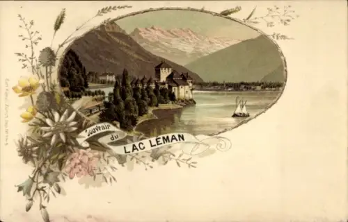 Litho Chillon Lac Léman Kt. Waadt Schweiz, Farbenfrohe Landschaft, See, Schloss, Segelboot, Blumen,