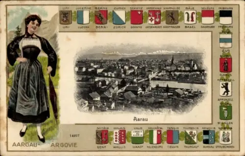 Ak Aarau Kanton Aargau, Frau in Tracht, Stadtansicht von  Wappen und Flaggen