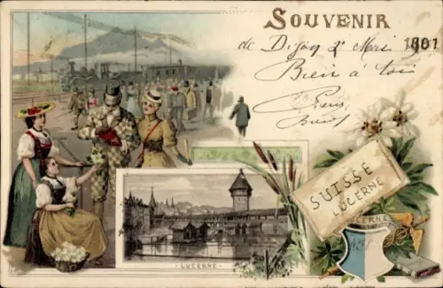 Litho Lucerne Luzern Stadt Schweiz, Souvenir aus  Frauen in Trachten, Berglandschaft,  1801