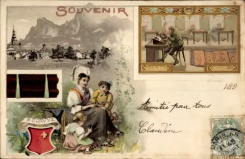 Ak Schwyz Stadt Schweiz, Souvenir, Frau mit Kindern,  Hütte, Tisch mit Werkzeugen