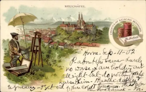 Ak Neuchâtel Neuenburg Stadt, Mann mit Staffelei, Landschaft,  Farben, Schirm