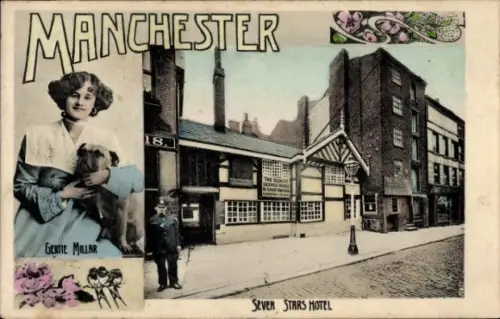 Ak Manchester England,  Gertie Millar, Hund, Seven Stars Hotel