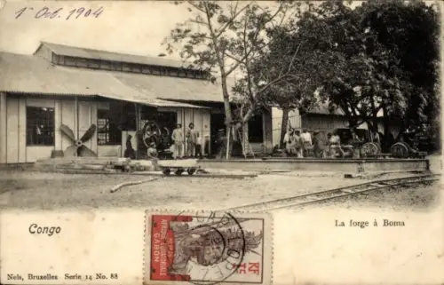Ak Boma Congo Belge DR Kongo Zaire, Schmiede in  Arbeiter, Eisenbahn, Karren, Bäume