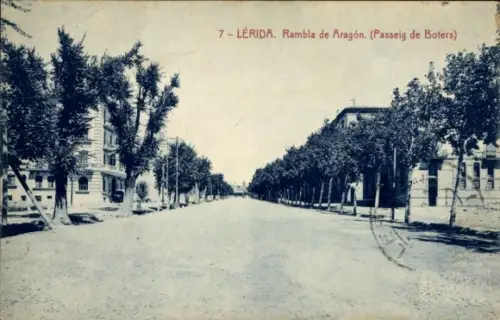 Ak Lérida Lleida Val d’Aran Valle de Aran Katalonien, Rambla de Aragón, Bäume, Straße,  , 1927