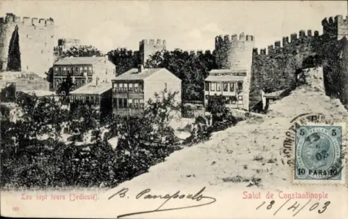 Ak Konstantinopel Istanbul Türkei, Burgmauern,  Gebäude, Poststempel, Signatur