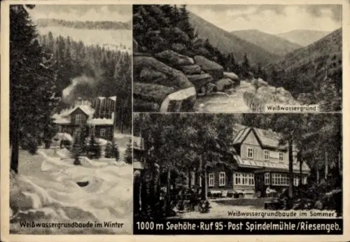 Ak Riesengebirge Region Königgrätz, Bílé Labe, Weiße Elbe, Weißwasser, Weißwassergrund,  Winter- 