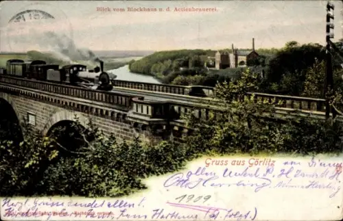 Ak Görlitz in der Lausitz, Blick vom Blockhaus zur Actienbrauerei, Eisenbahn-Viadukt