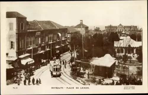Ak Beirut Beyrouth Libanon, Place de Canon, Straßenbahn