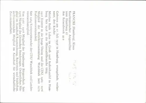 Autogrammkarte Politiker Klaus Francke, Autogramm