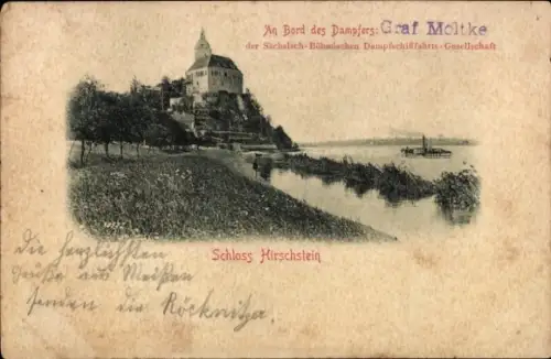 Ak Hirschstein an der Elbe Sachsen, Schloss  Dampfer Graf Moltke, Sächsisch-Böhmische Dampfschiff