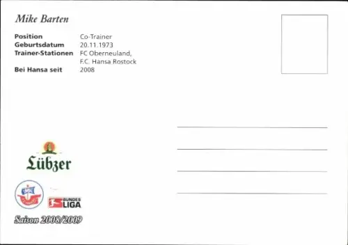 Autogrammkarte Co Trainer Mike Barten, FC Hansa Rostock, Autogramm