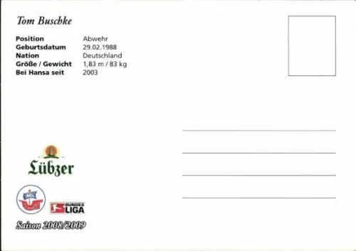 Autogrammkarte Fußballer Tom Buschke, FC Hansa Rostock, Autogramm