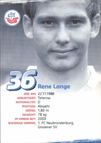 Autogrammkarte Fußballer René Lange, FC Hansa Rostock, Autogramm