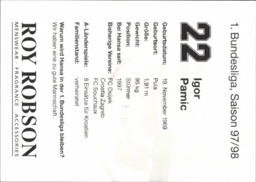 Autogrammkarte Fußballer Igor Pamic, FC Hansa Rostock, Autogramm