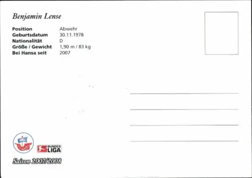Autogrammkarte Fußballer Benjamin Lense, FC Hansa Rostock, Autogramm