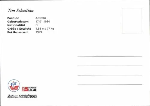Autogrammkarte Fußballer Tim Sebastian, FC Hansa Rostock, Autogramm