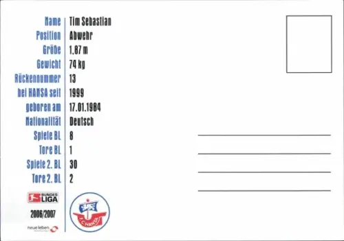 Autogrammkarte Fußballer Tim Sebastian, FC Hansa Rostock, Autogramm
