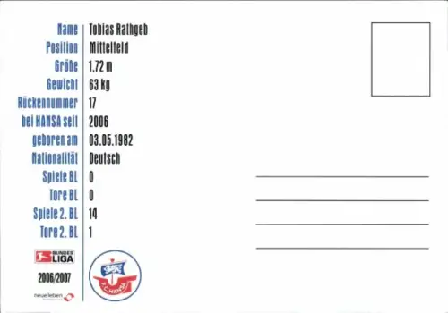 Autogrammkarte Fußballer Tobias Rathgeb, FC Hansa Rostock, Autogramm