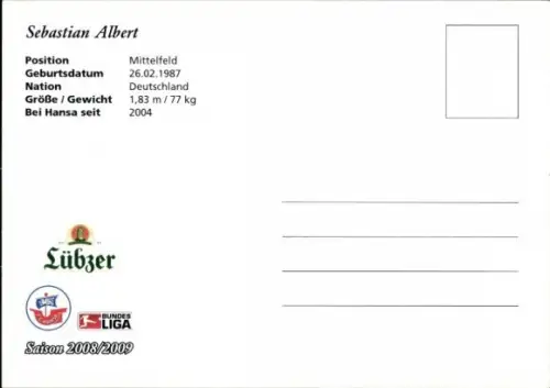 Autogrammkarte Fußballer Sebastian Albert, FC Hansa Rostock, Autogramm