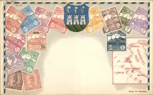 Präge Briefmarken Wappen Ak Italien, San Marino, Adriatisches Meer, Landkarte