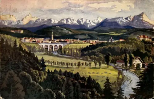 Ak Traunstein in Oberbayern, Landschaft mit Bergen, Stadtansicht, Fluss, Bäume