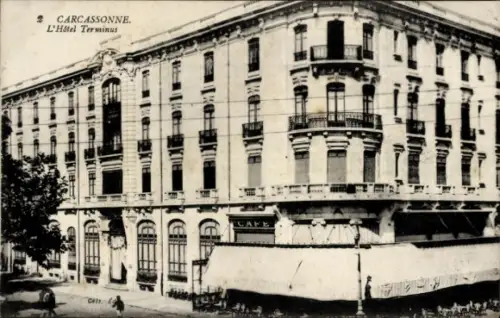 Ak Carcassonne Aude, Hôtel Terminus,  Café, 