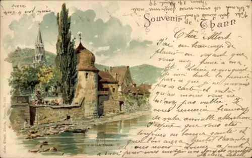 Ak Thann Elsass Haut Rhin, Viel Wasser, alte Gebäude, Kirche, Baum, nmotiv