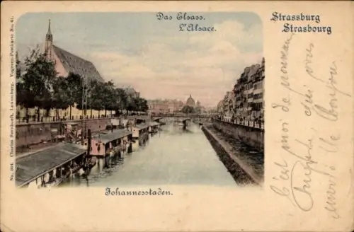 Ak Strasbourg Straßburg Elsass Bas Rhin, Flussansicht, Boote, Gebäude, Kirche, farbige Darstellun