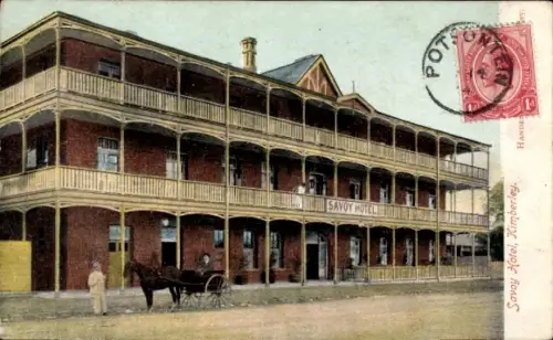 Ak Kimberley Südafrika, Savoy Hotel, Pferd, Wagen, Poststempel, handschriftlicher Text