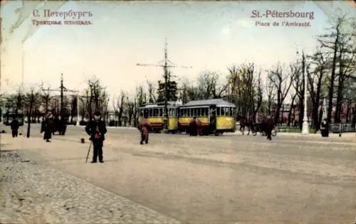 CPA Saint-Pétersbourg Russie, Place de l'Amiraute, tram