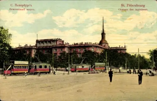 Ak Komarowo Kellomäki Kellomjaki bei St. Petersburg Russland,  Ingenieur Schloss, Tram, Menschen