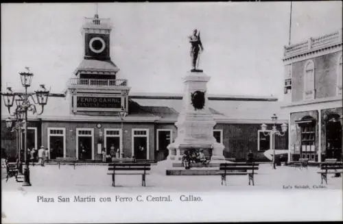 Ak Callao Peru, Plaza San Martin, Ferro C. Central, Statue,  