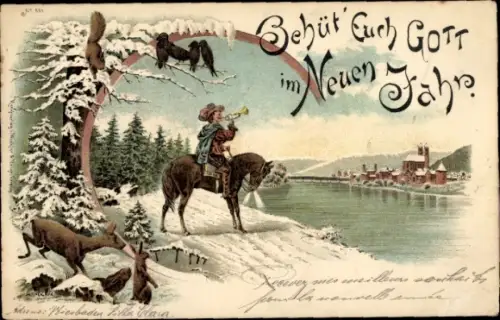 Litho Behüt Dich Gott, Trompeter von Säckingen, Hase, Reh, Raben