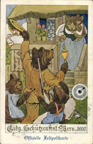 Ak Bern Stadt Schweiz, Bären in Tracht, Schützenfest, Glocke, Gewehr, Festumgebung