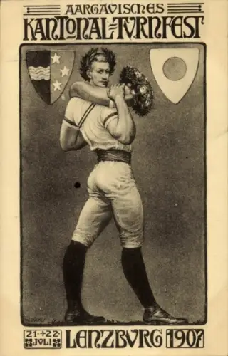 Ak Lenzburg Kanton Aargau, Mann mit Kranz, Wappen, Text AARGAVISCHES KANTONAL-TURNFEST, 1901