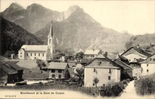 Ak Montbovon Kanton Freiburg, Berglandschaft, Kirche, Häuser, Dent de Corjon