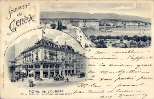 Ak Genève Genf Schweiz, Hôtel de l'Europe, Rue Ceard et Rue Croix d'Or, Genfersee, Souvenir