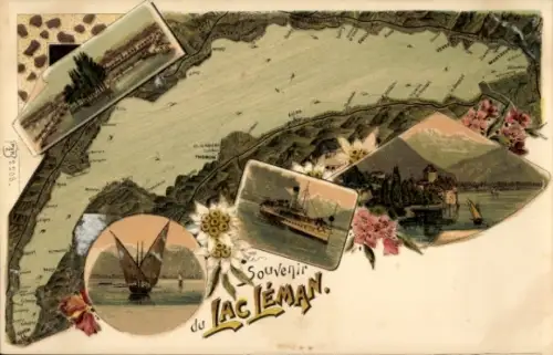 Landkarten Litho Genfer See, Segelboot, Dampfer