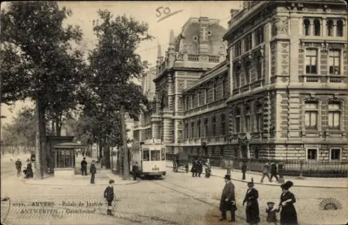 Ak Antwerpen Flandern, Palais de Jastive, Straßenbahn, Menschen auf der Straße