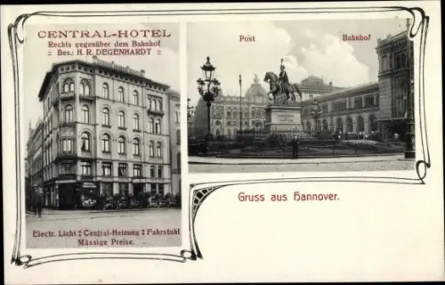 Ak Hannover in Niedersachsen, Central Hotel, Inh. H. R. Degenhardt, Post, Bahnhof